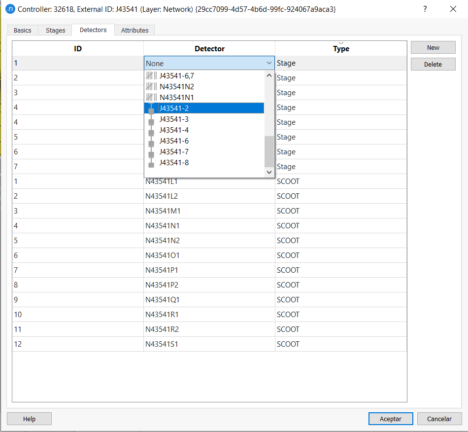 Editor do Controlador SCOOT (pasta Detectors)
