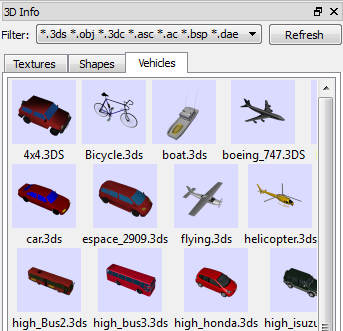 Aba de Veículos da Janela de Informações 3D