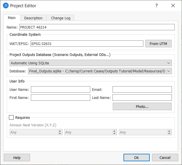 Project Properties Editor – Configuração da Fonte de Dados dos Outputs