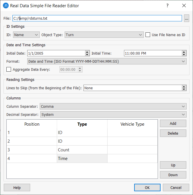 Editor Simple File Reader para dados de movimentos de conversão
