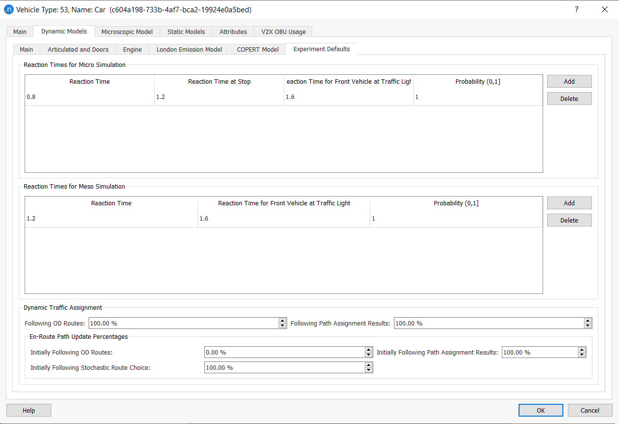 Editor de Tipo de Veículo - aba Dynamic Models - aba Experiment defaults