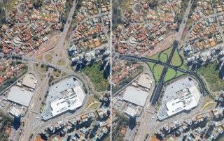 Comparação aérea de projeto viário antes e depois de intervenções