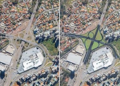Comparação aérea de projeto viário antes e depois de intervenções