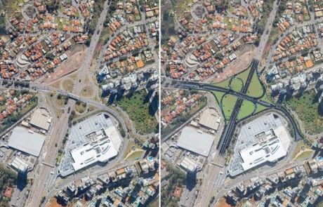 Comparação aérea de projeto viário antes e depois de intervenções