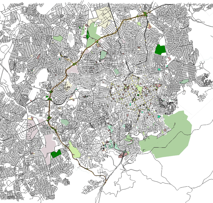 Um mapa de uma cidade com áreas verdes e uma área verde no meio dela, e uma área verde no meio do mapa, (uma ilustração de: 0,225)