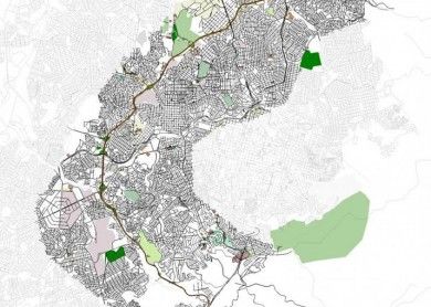 Mapa urbano com malha viária e áreas verdes destacadas