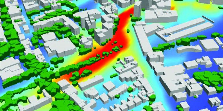 Microssimulação de poluição urbana Modelo urbano 3D com mapa de calor de poluição em área de tráfego
