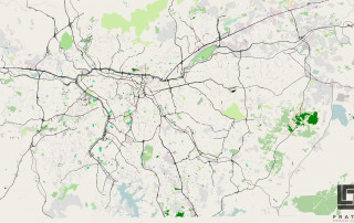 Mapa 2D de rede viária urbana com vias principais e áreas verdes