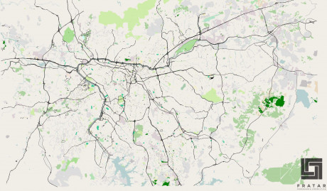 Mapa 2D de rede viária urbana com vias principais e áreas verdes