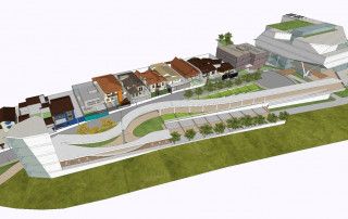 Modelo 3D de complexo urbano com passarelas, áreas verdes e edifícios