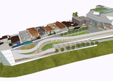 Modelo 3D de complexo urbano com passarelas, áreas verdes e edifícios