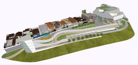Modelo 3D de complexo urbano com passarelas, áreas verdes e edifícios