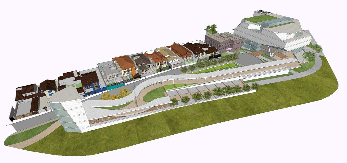 Modelo 3D de complexo urbano com passarelas, áreas verdes e edifícios