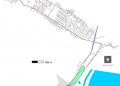 Mapa de rede viária com corredores destacados e escala de 500 metros