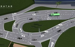 Render 3D de trevo viário com veículos, ônibus e sinalização de faixas