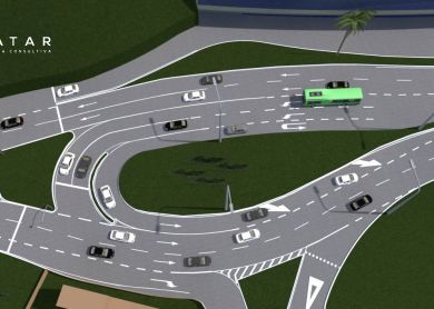Render 3D de trevo viário com veículos, ônibus e sinalização de faixas