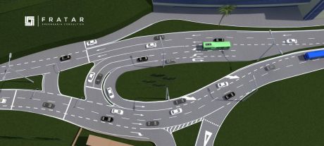 Render 3D de trevo viário com veículos, ônibus e sinalização de faixas