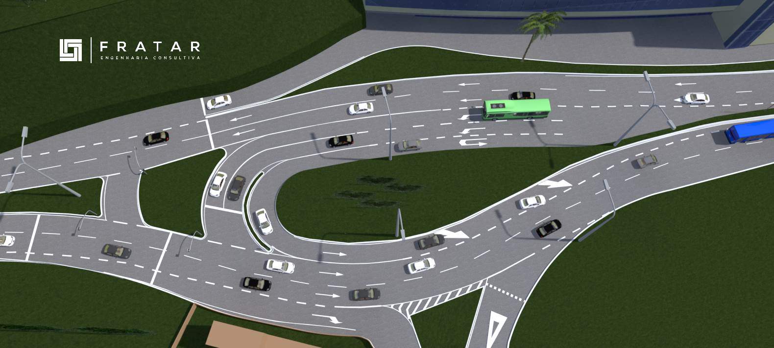 Render 3D de trevo viário com veículos, ônibus e sinalização de faixas