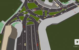 Simulação 3D de interseção viária com veículos e travessias de pedestres