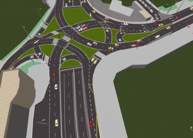 Simulação 3D de interseção viária com veículos e travessias de pedestres