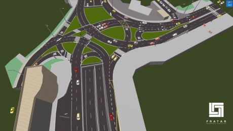 Simulação 3D de interseção viária com veículos e travessias de pedestres