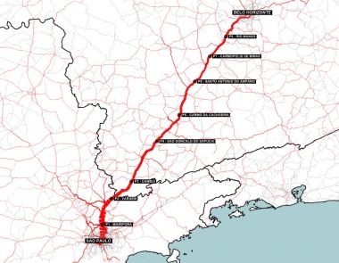 Mapa de rota entre São Paulo e Belo Horizonte com pontos de controle