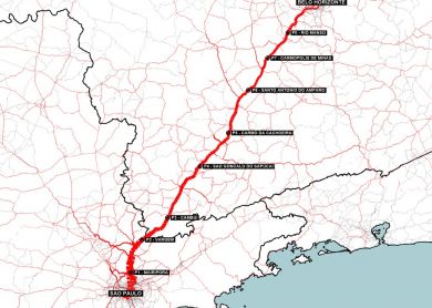 Mapa de rota entre São Paulo e Belo Horizonte com pontos de controle