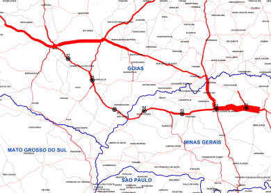 Mapa regional com rotas destacadas e pontos de controle logístico