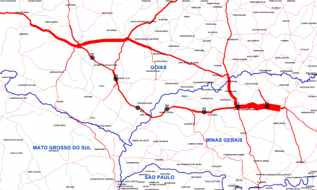 Mapa regional com rotas destacadas e pontos de controle logístico