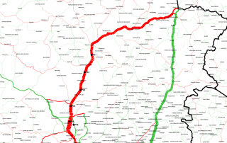 Mapa rodoviário com rota destacada e pontos de controle P01 a P06