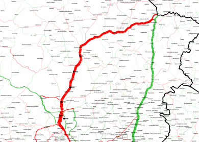 Mapa rodoviário com rota destacada e pontos de controle P01 a P06