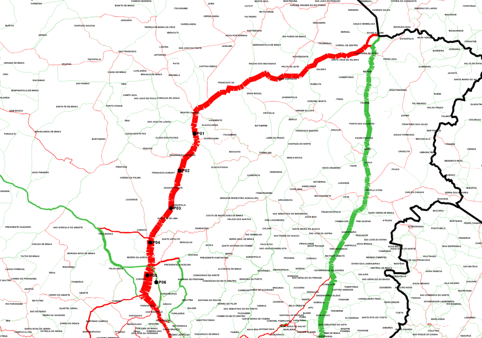 Mapa rodoviário com rota destacada e pontos de controle P01 a P06