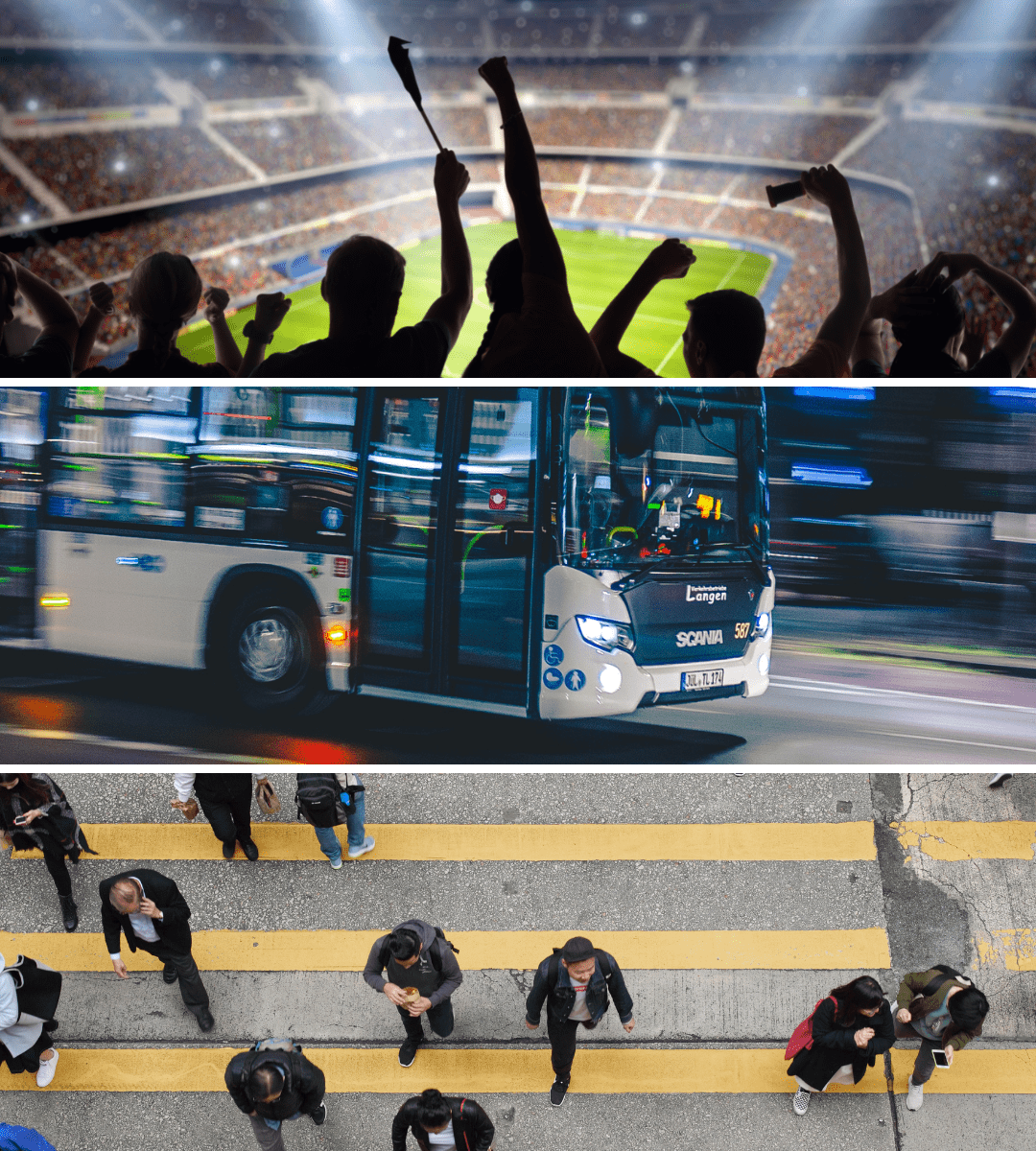 Fluxo de pedestres e transporte urbano Colagem com estádio, ônibus urbano e pedestres em faixa de travessia
