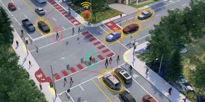 Simulação de interseção urbana Interseção urbana com veículos, pedestres e ciclovia em visualização de simulação de tráfego