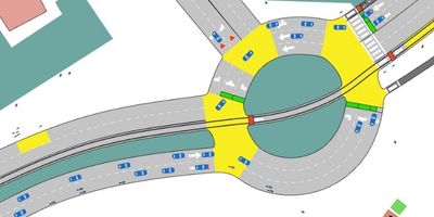 4 Um plano de uma interseção rodoviária com um círculo amarelo no centro da interseção e um círculo vermelho no centro da interseção com um círculo amarelo, (uma renderização digital: 0,670)