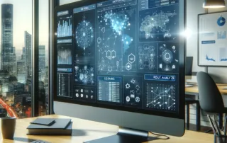 Monitor com painéis de dados, mapas e gráficos em escritório