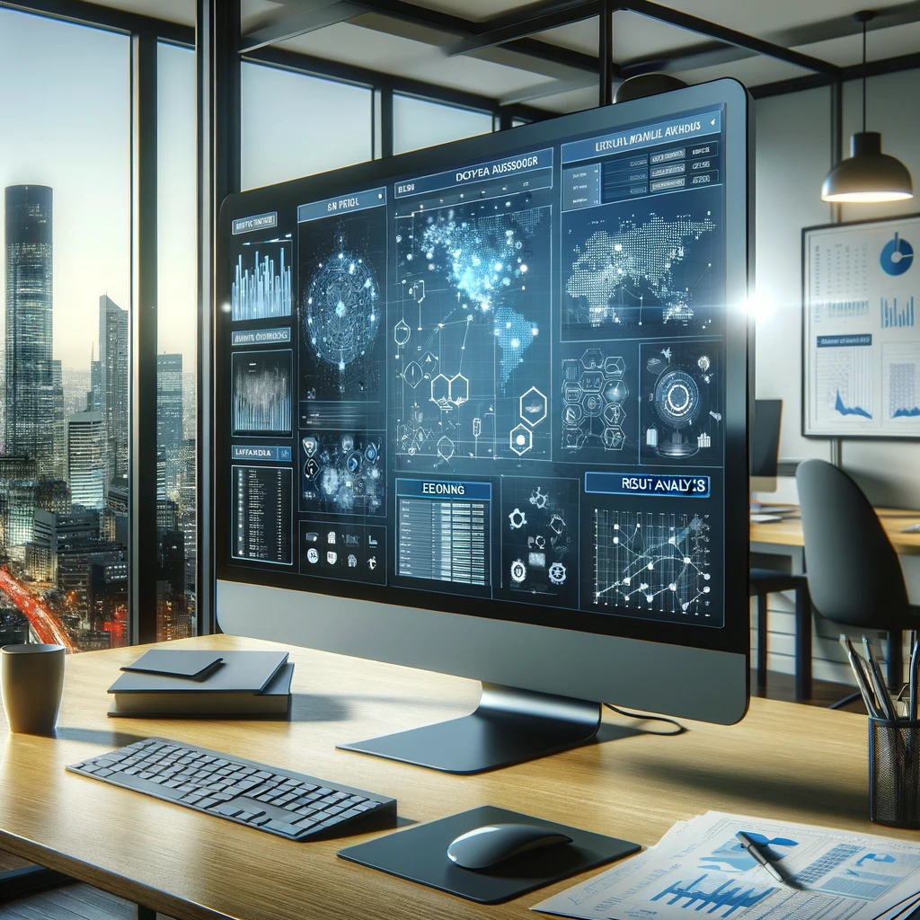 Monitor com painéis de dados, mapas e gráficos em escritório
