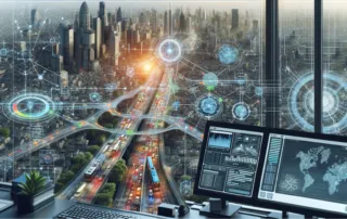 Cidade com vias congestionadas e painéis digitais de análise de tráfego