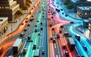 Avenida urbana com veículos e rastros coloridos de tráfego