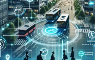 Ônibus e pedestres em cidade com ícones digitais de mobilidade