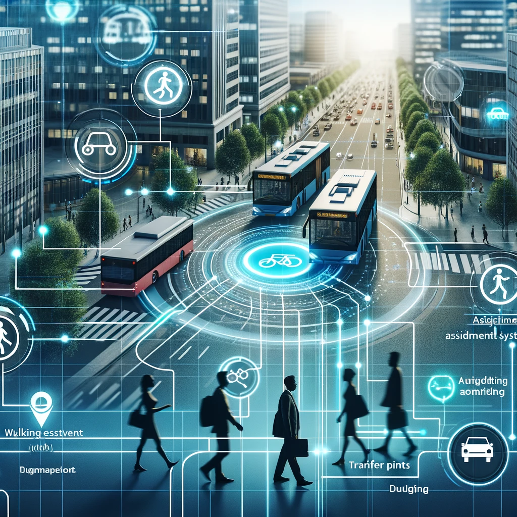 Ônibus e pedestres em cidade com ícones digitais de mobilidade