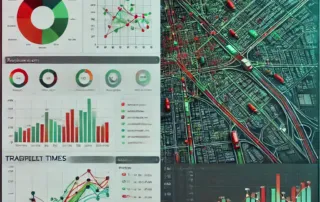 Painel de análise de dados de tráfego com gráficos e mapa urbano