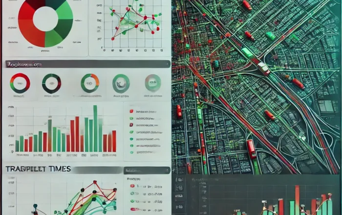 Painel de análise de dados de tráfego com gráficos e mapa urbano