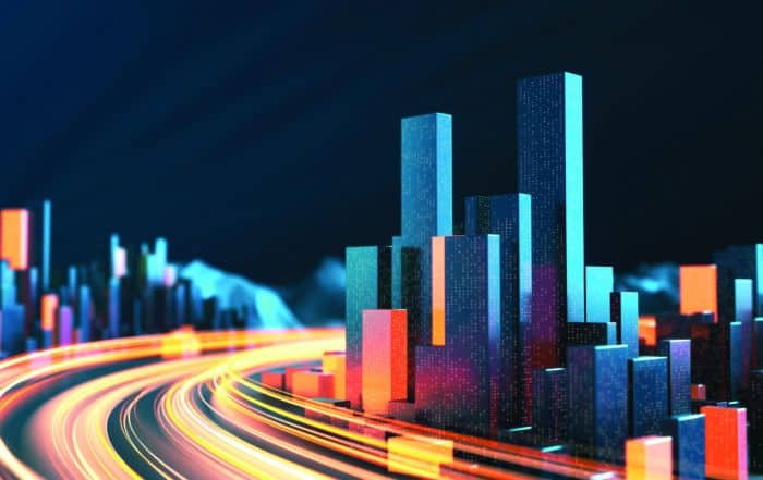Cidade futurista com prédios iluminados e rastros de luz viária