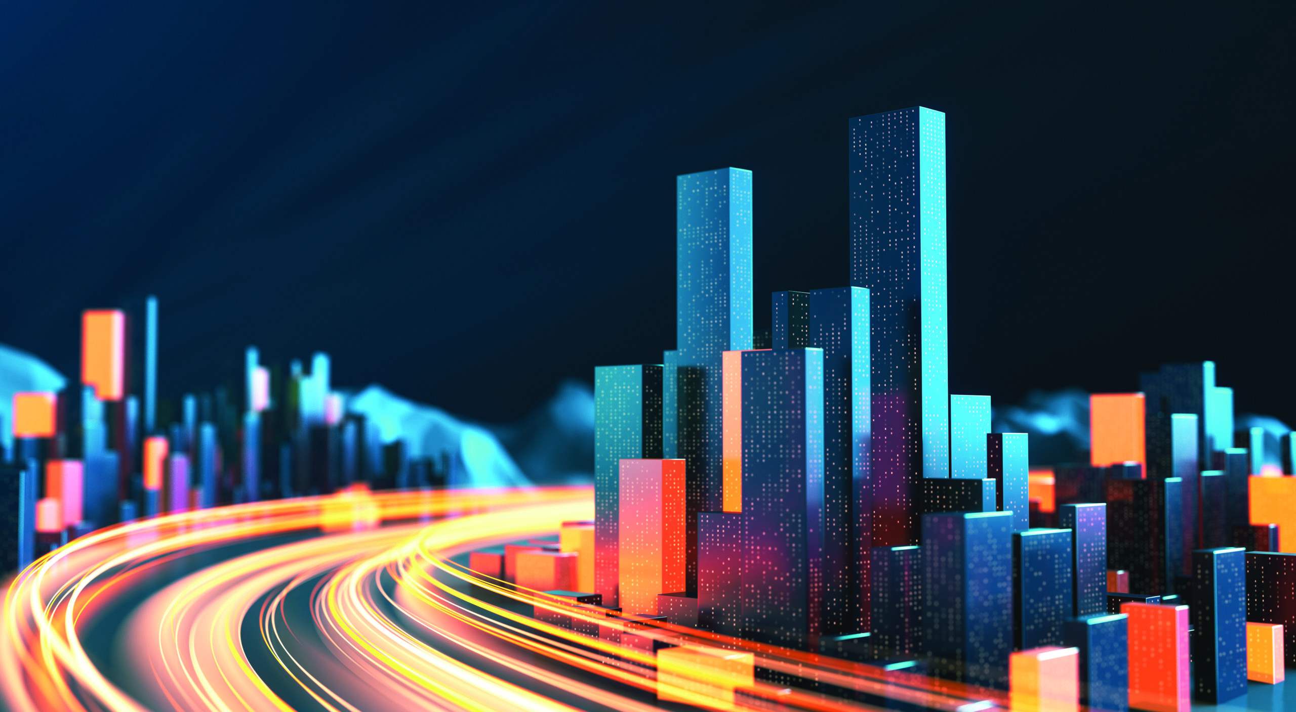 Cidade futurista com prédios iluminados e rastros de luz viária