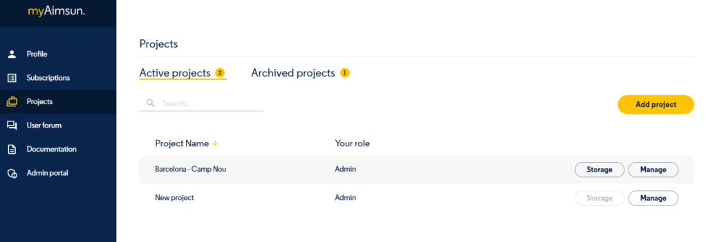Tela do portal myAimsun mostrando a área de projetos