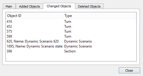 Lista de objetos modificados em uma revisão do Aimsun Next