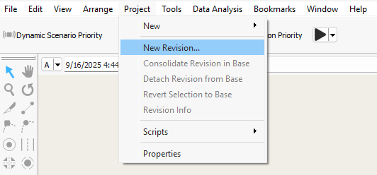 Menu Project com a opção New Revision no Aimsun Next