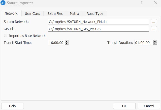 Configuração para importar um modelo SATURN como rede base no Aimsun Next