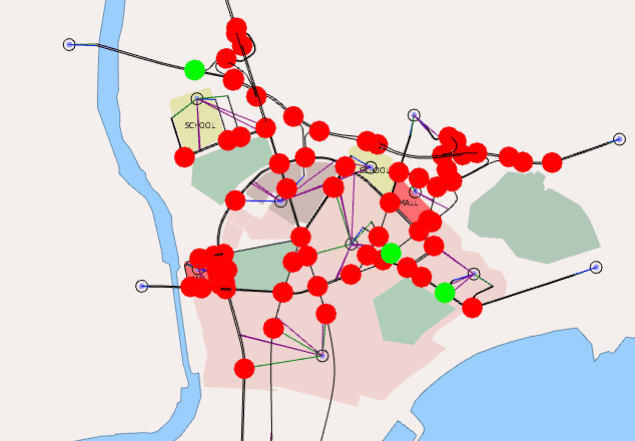 Mapa do Aimsun Next destacando nós sem informação de controle semafórico